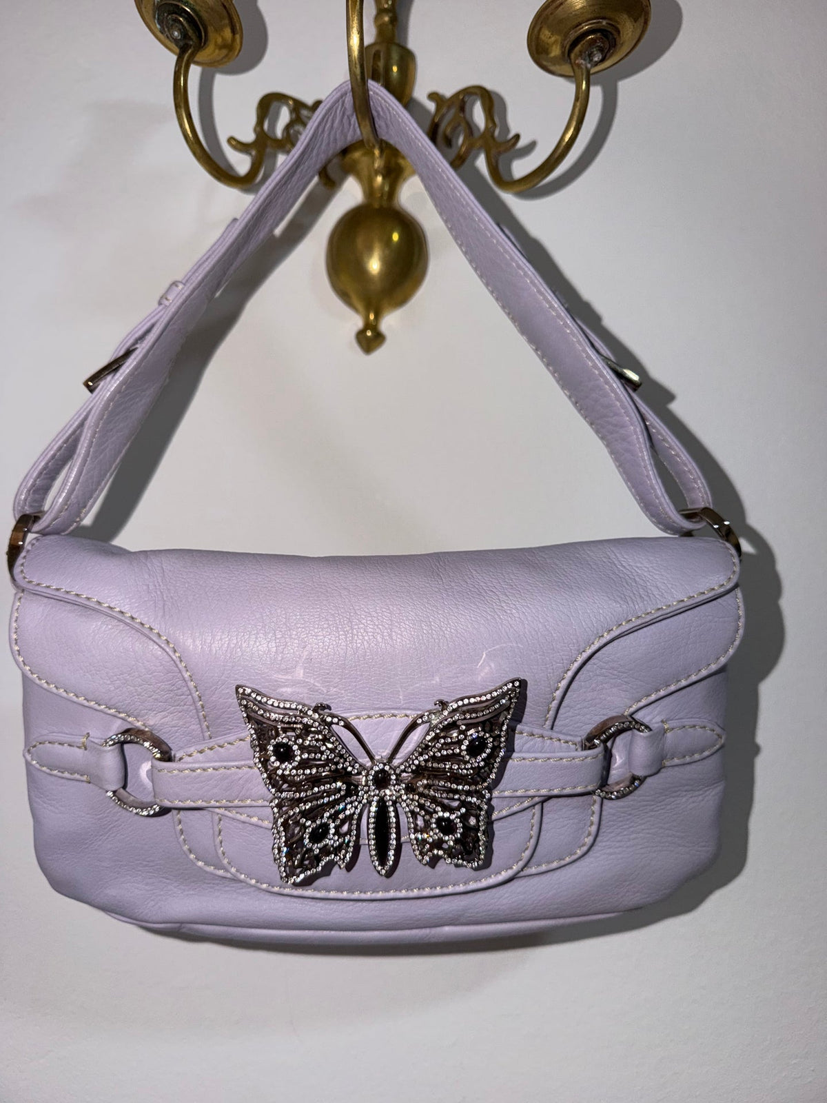 Authentic Vintage Valentino Garavani Spring/Summer 2004 Rhinestone Butterfly Lambskin Leather Shoulder Bag – Pastel Lilac
