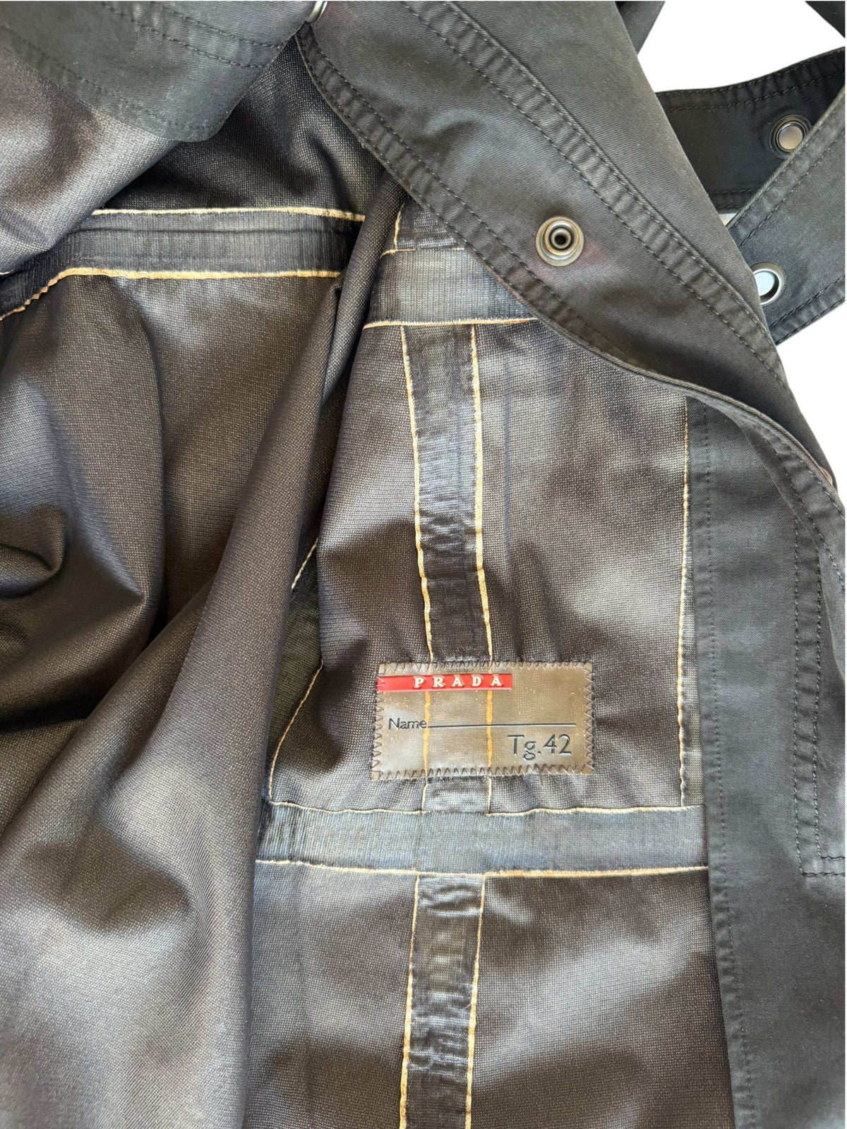 Prada 2004 black trench coat with silver belted eyelets (sz 42)