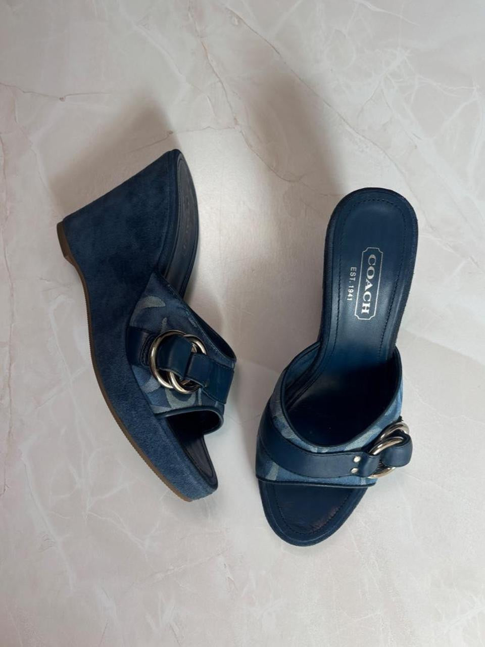 Coach US 6.5 Blue Monogram Canvas Wedge Slide Sandal
