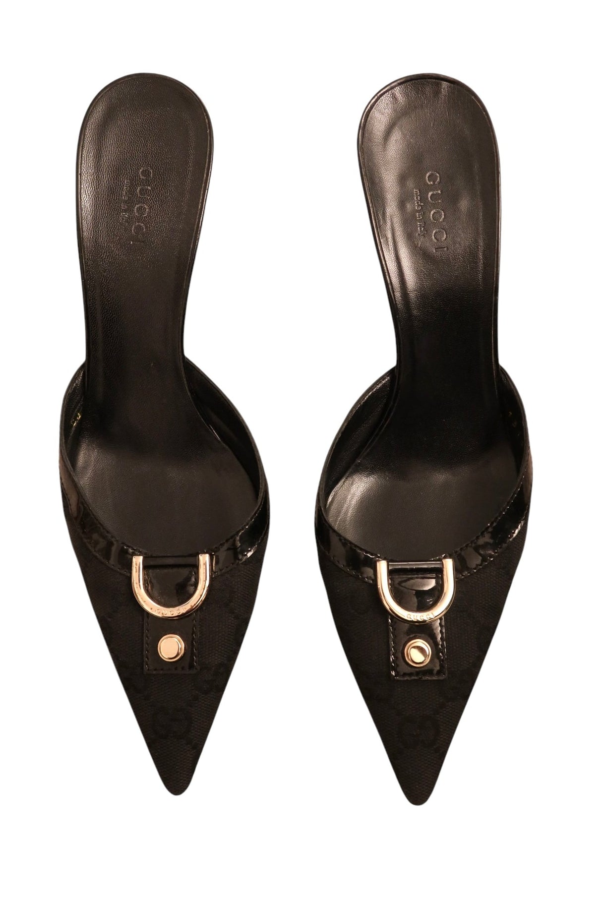 Gucci black canvas GG monogram mules Tom Ford era. Gold-tone hardware, patent leather trim (37C)