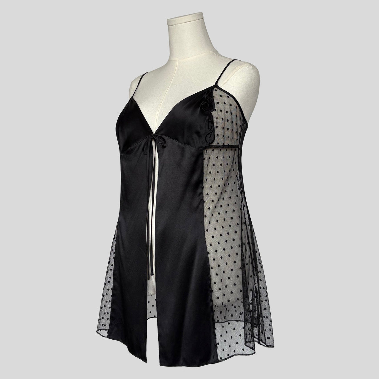 Polka dot mesh flyaway babydoll chemise in black