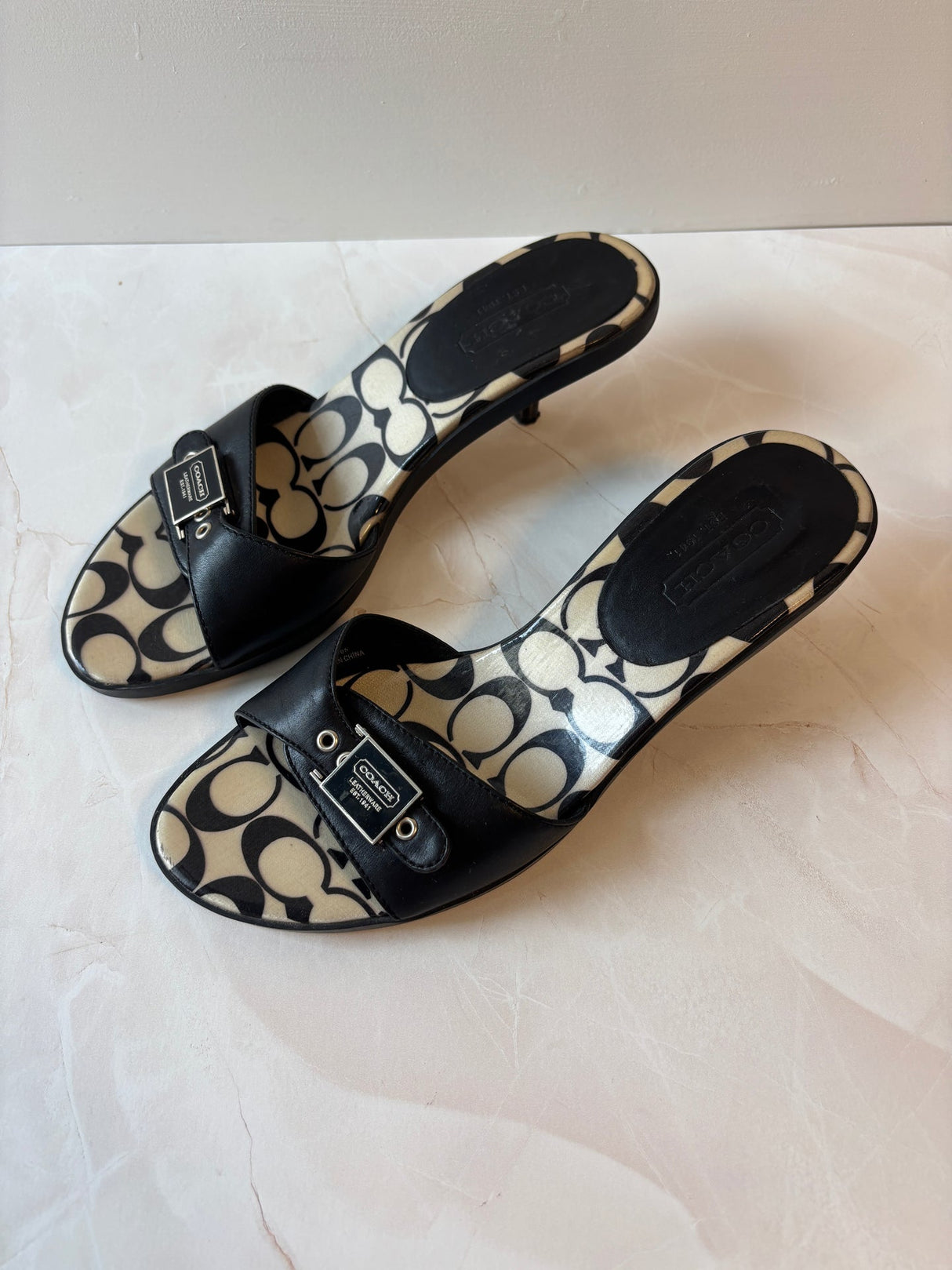 Coach US 9 Black Leather Monogram Canvas Footbed Slide Sandal