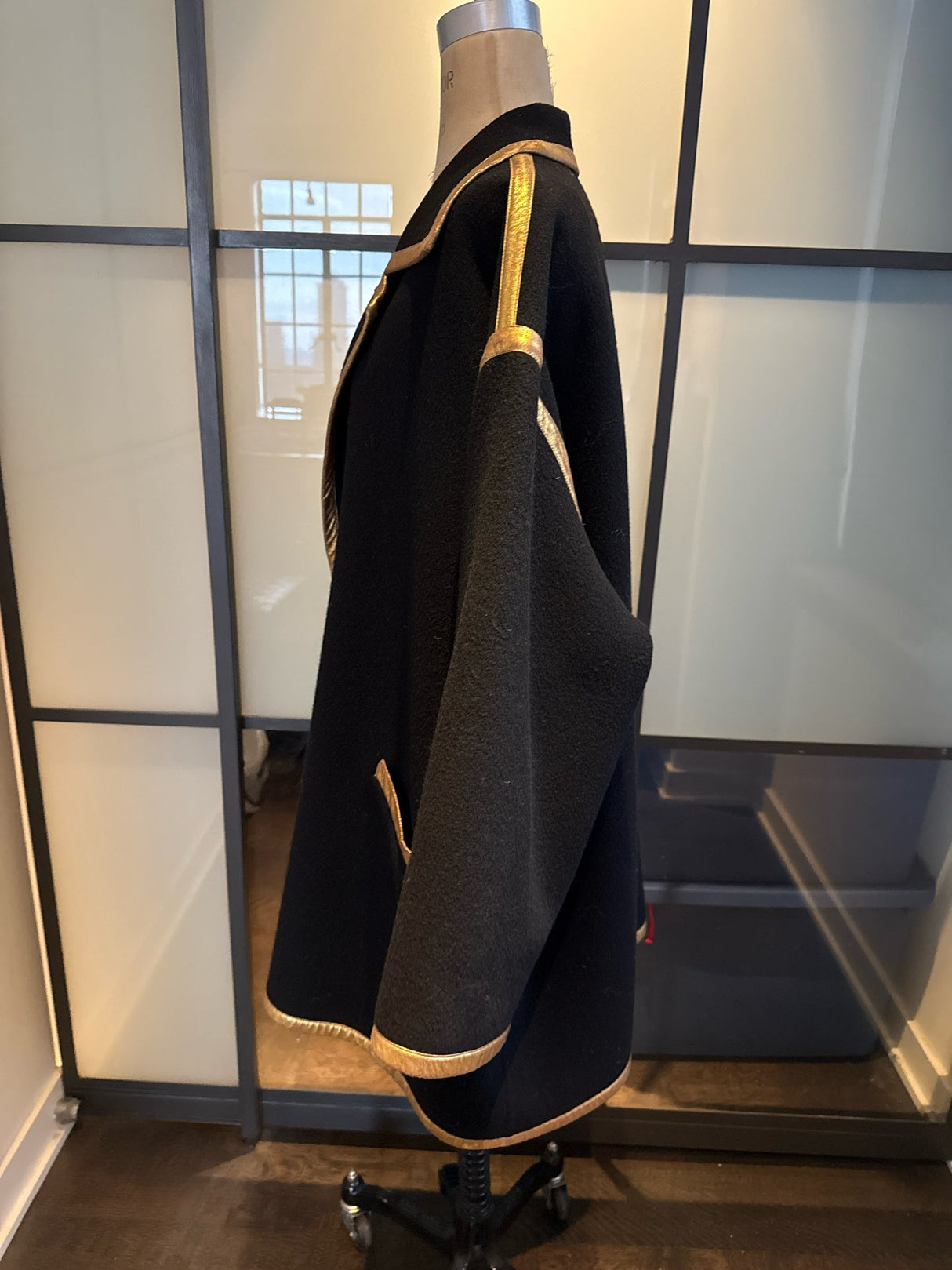 Donna Karan Black Wool Gold Leather Trim Coat Vintge
