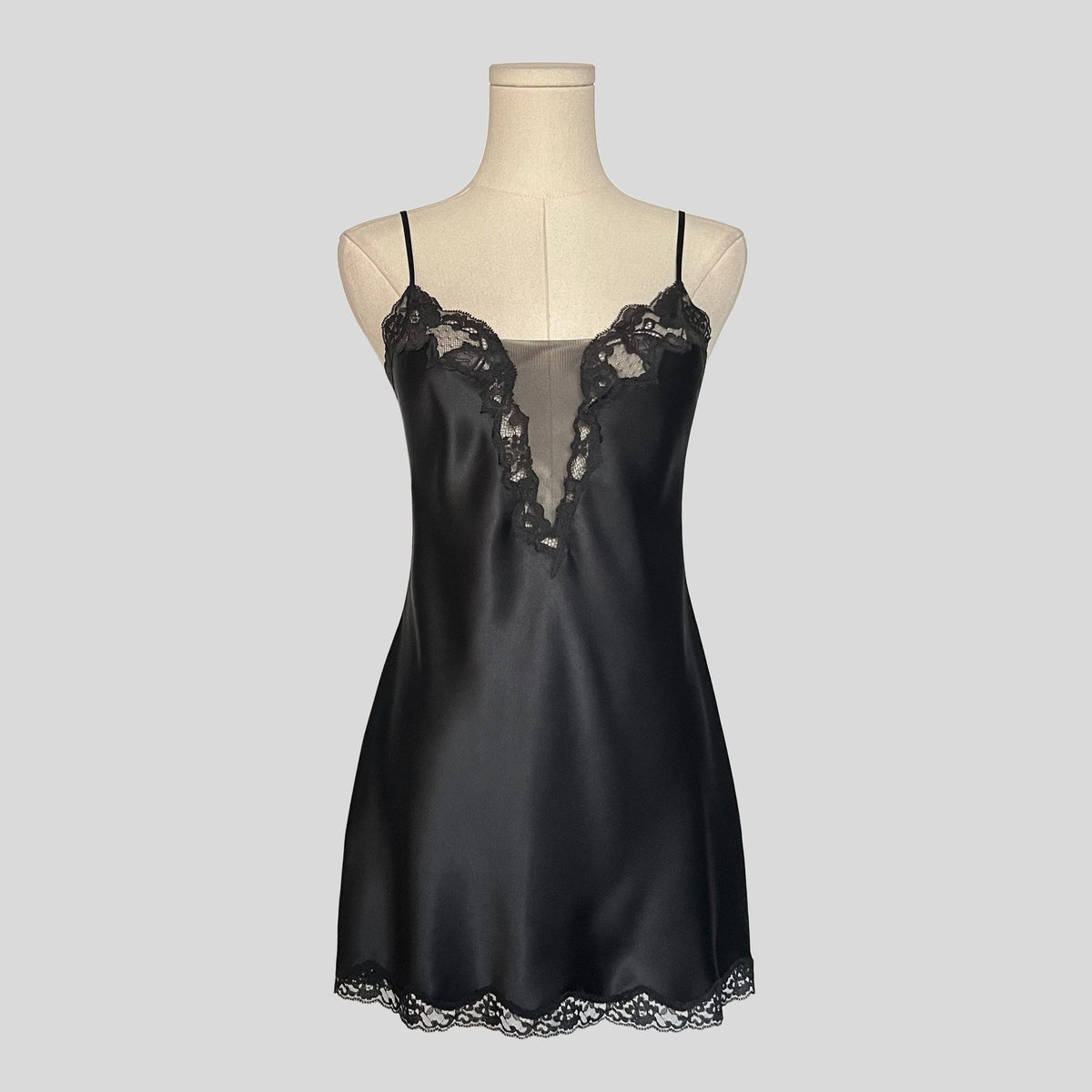 Plunging mesh neckline slip in black