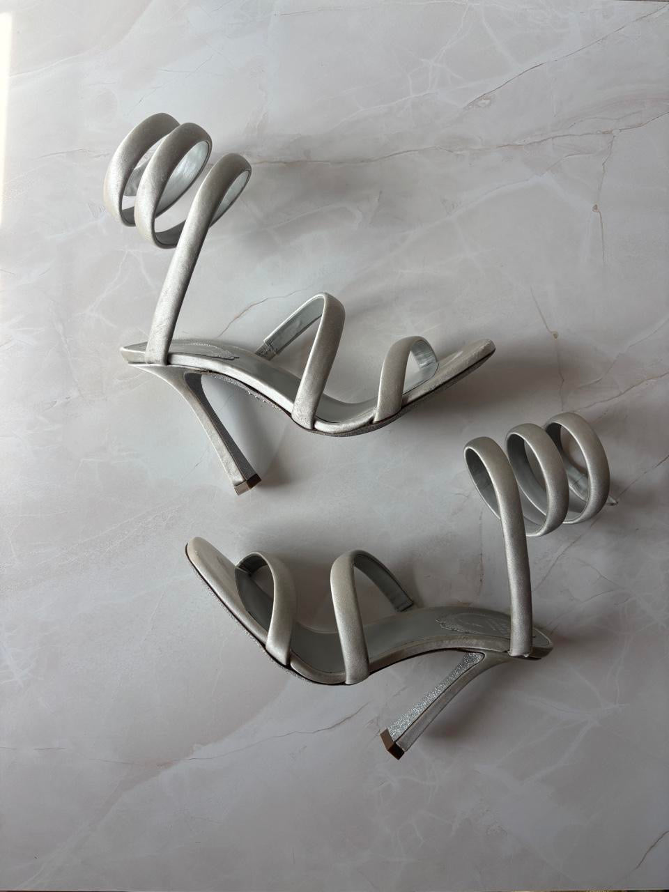 René Caovilla EU 37 Silver Satin Snake Coil Ankle Wrap Stiletto Sandal