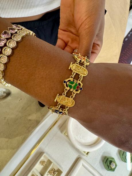 18K Gold & Pristine Enamel Egyptian Revival Scarab Bracelet
