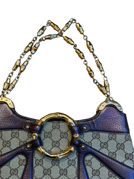 Gucci GG canvas burgundy leather trim bag with bamboo ring detail