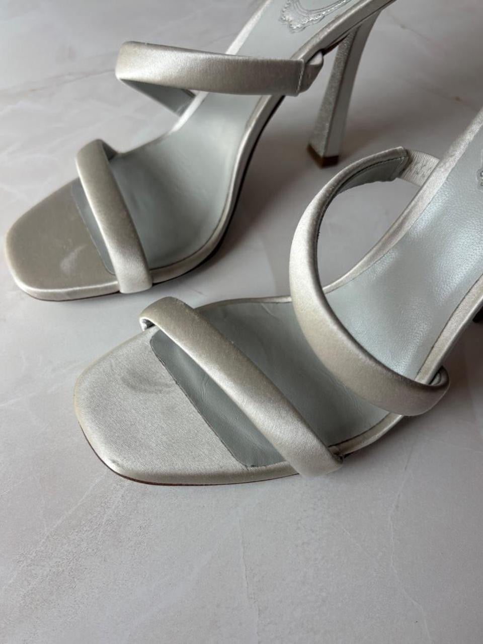 René Caovilla EU 37 Silver Satin Snake Coil Ankle Wrap Stiletto Sandal