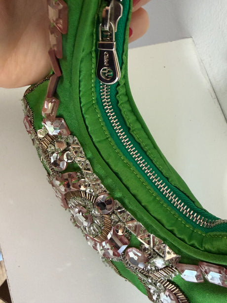 Rare Archival Chloé “Bracelet Bag” in Green Satin with hand stitched crystal beaded details