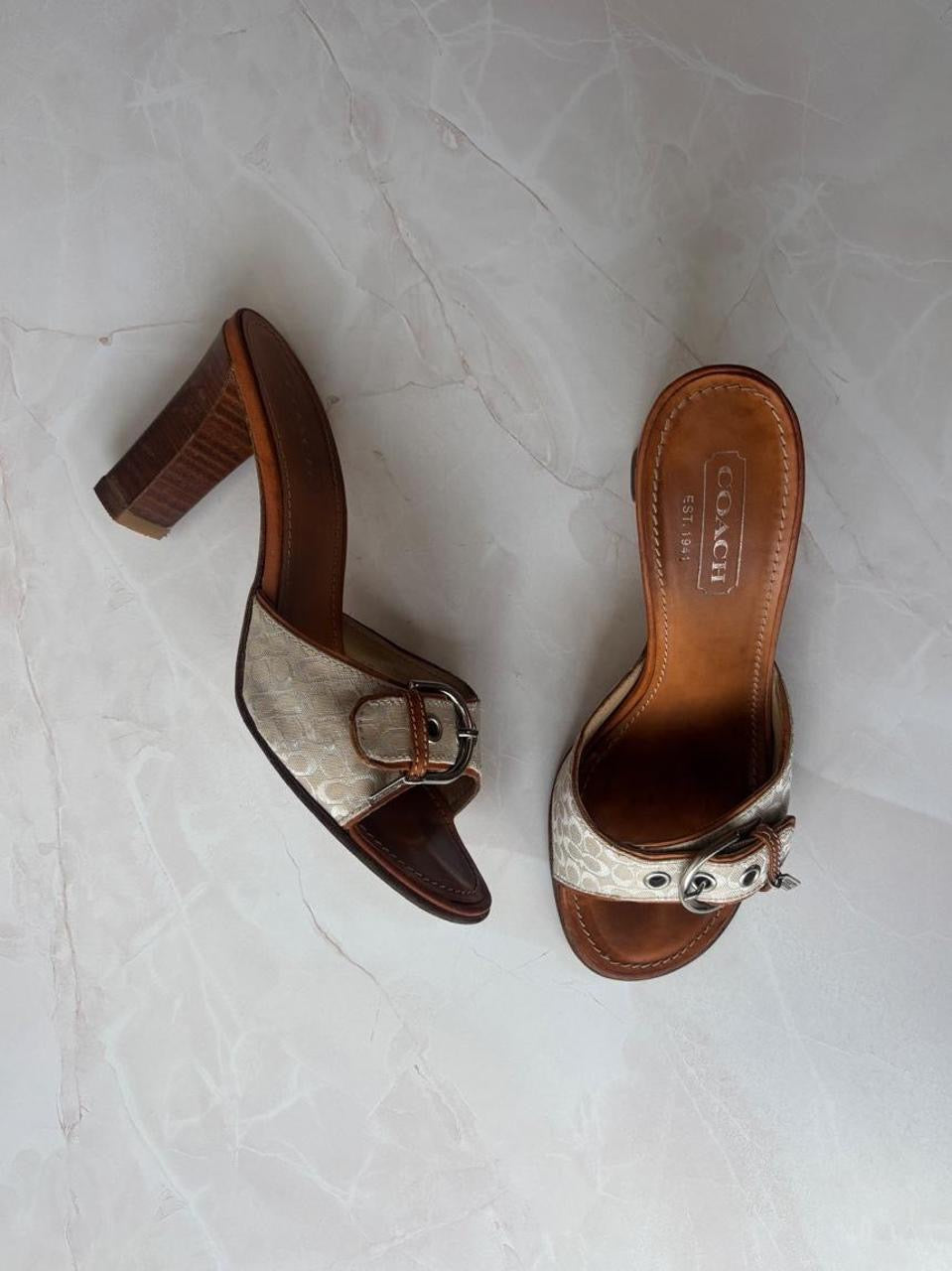 Coach US 6 White and Cream Logo Peep Toe Kitten Heel Sandal