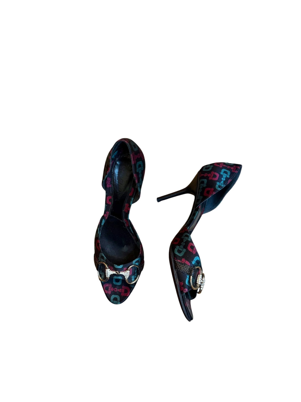 Gucci satin d’orsay black burgundy green horsebit print heels (8B)