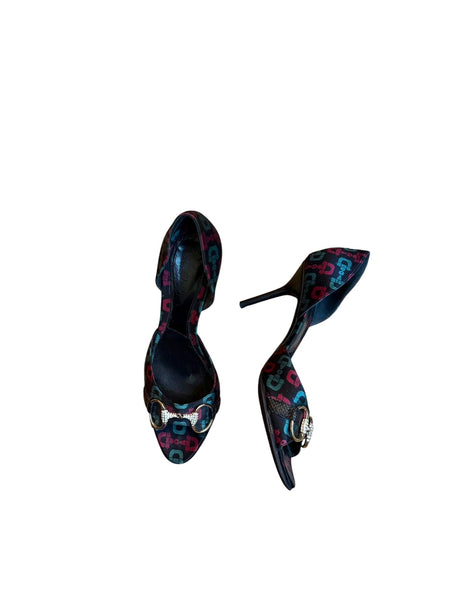 Gucci satin d’orsay black burgundy green horsebit print heels (8B)