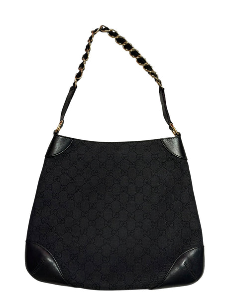Gucci black gg canvas and leather bag with gold chains