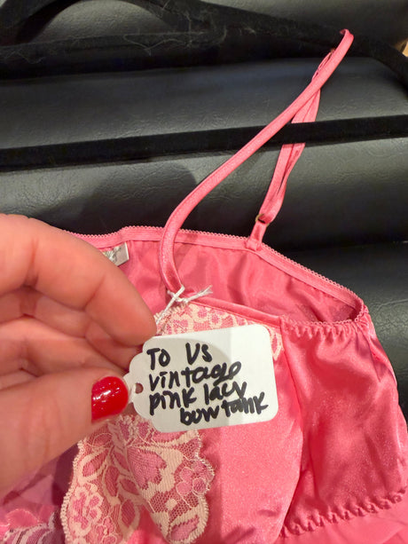 Vintage pink lacy bow tank - tuv #7779