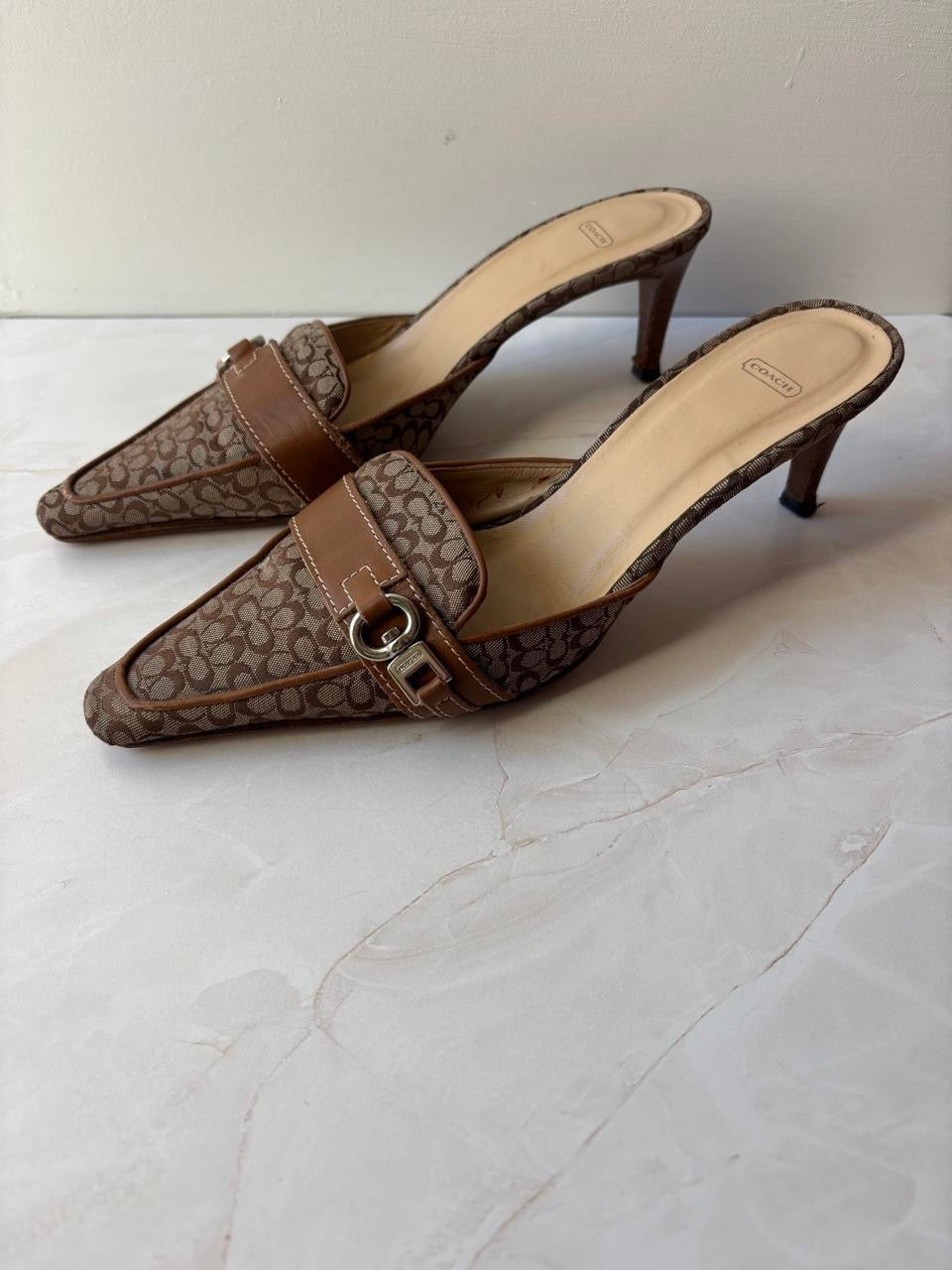 Coach US 7 Tan and Brown Monogram Canvas Pointed Mule