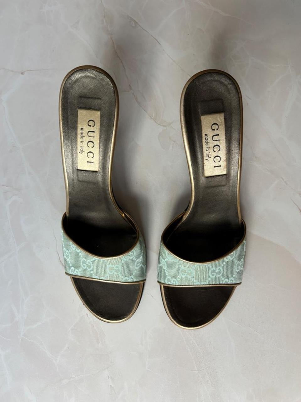 Gucci US 9.5 90s Monogram Canvas Open Toe Mules