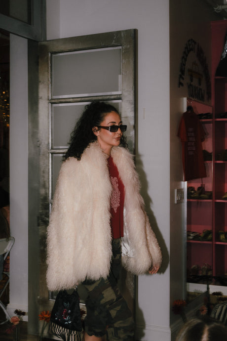 White Mongolian Fur Coat - TUV #56789