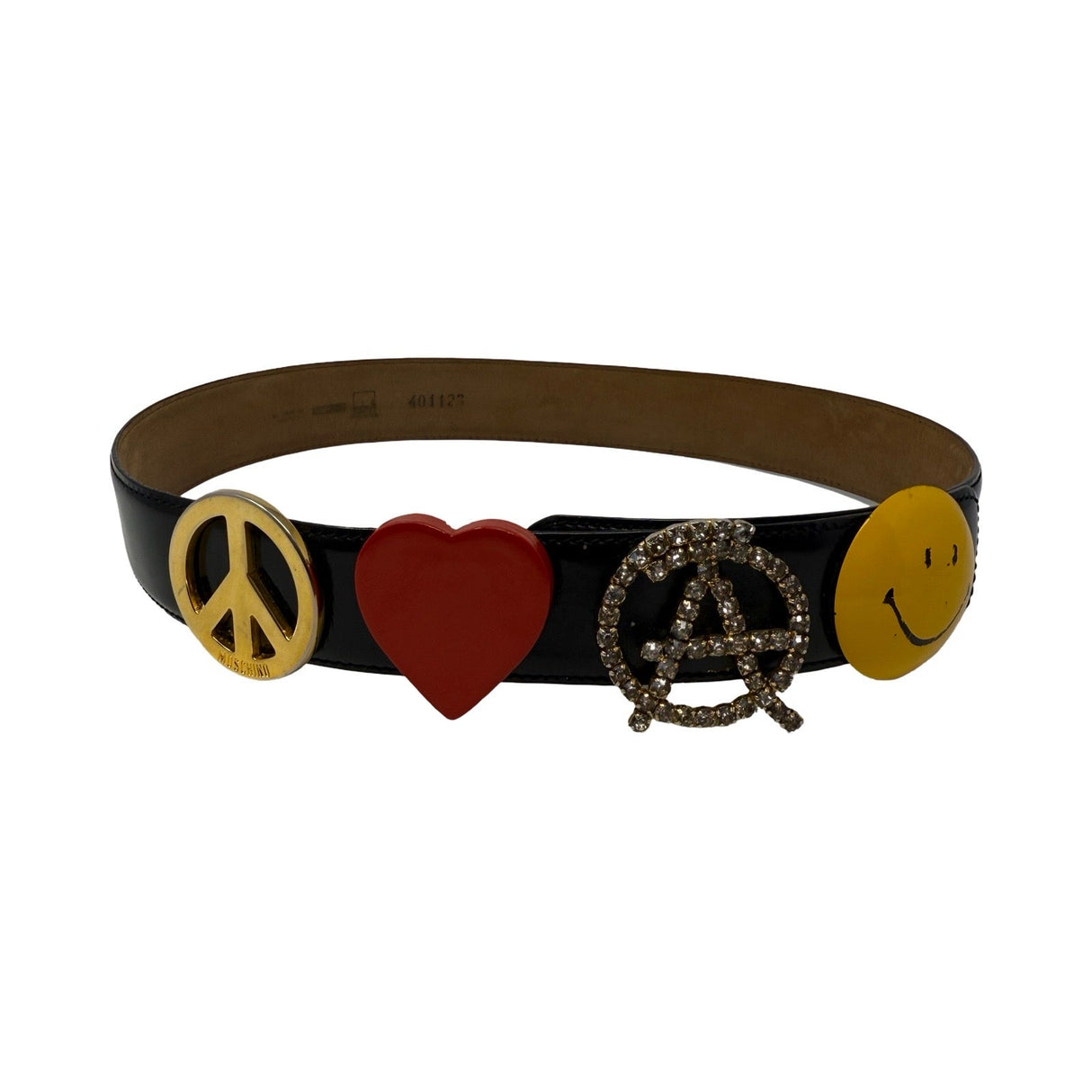 Moschino Black Leather Anarchy Smiley Face Heart Peace Sign Belt