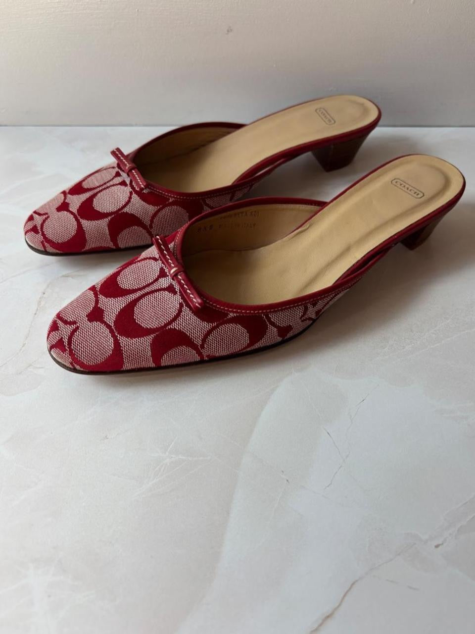 Coach US 8.5 Red and Cream Monogram Canvas Kitten Heel