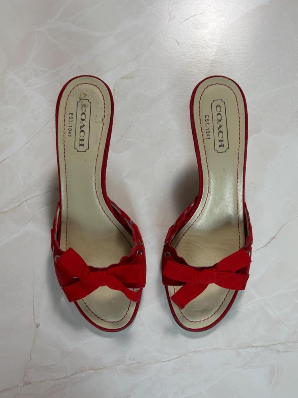 Coach US 6.5 Cherry Red Suede Bow Open Toe Kitten Heel Mule