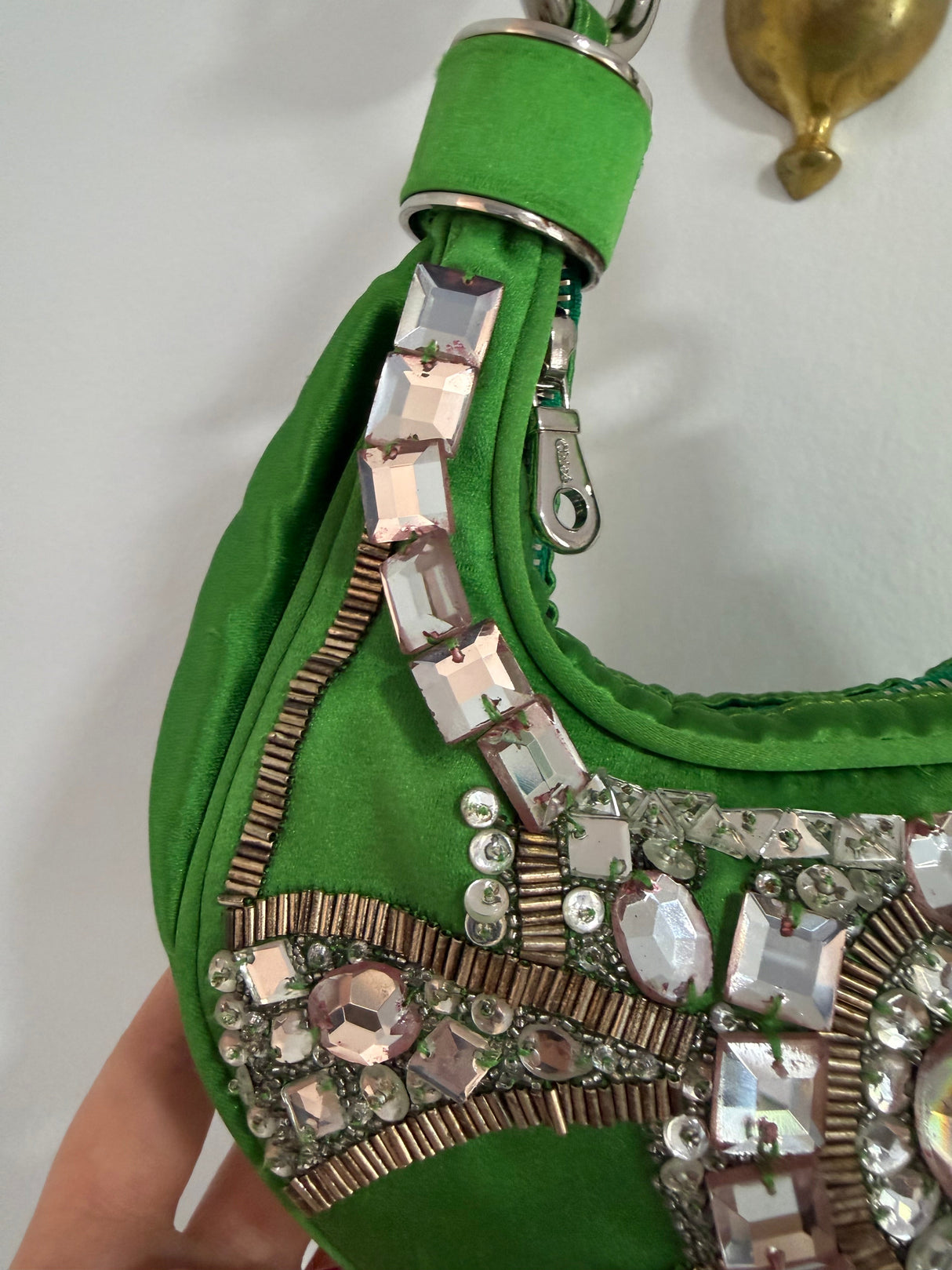 Rare Archival Chloé “Bracelet Bag” in Green Satin with hand stitched crystal beaded details