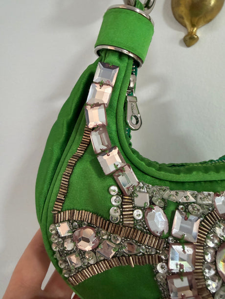 Rare Archival Chloé “Bracelet Bag” in Green Satin with hand stitched crystal beaded details