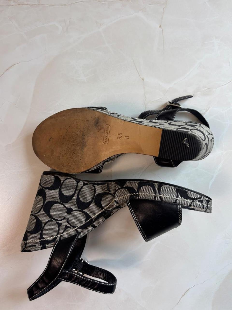 Coach US 9.5 Signature Canvas Wedge Sandal with Ankle Strap