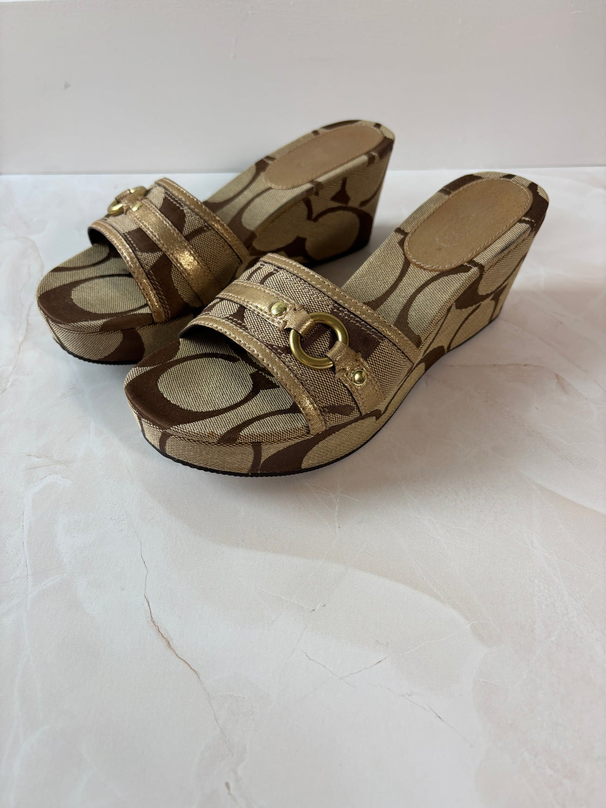 Coach US 7.5 Tan and Brown Monogram Canvas Open-toe Wedge Slide