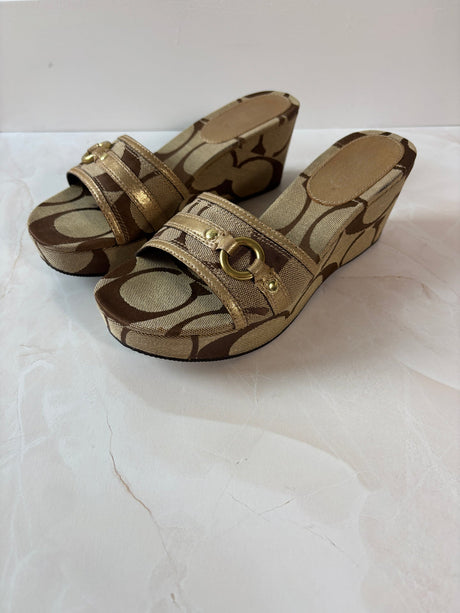 Coach US 7.5 Tan and Brown Monogram Canvas Open-toe Wedge Slide