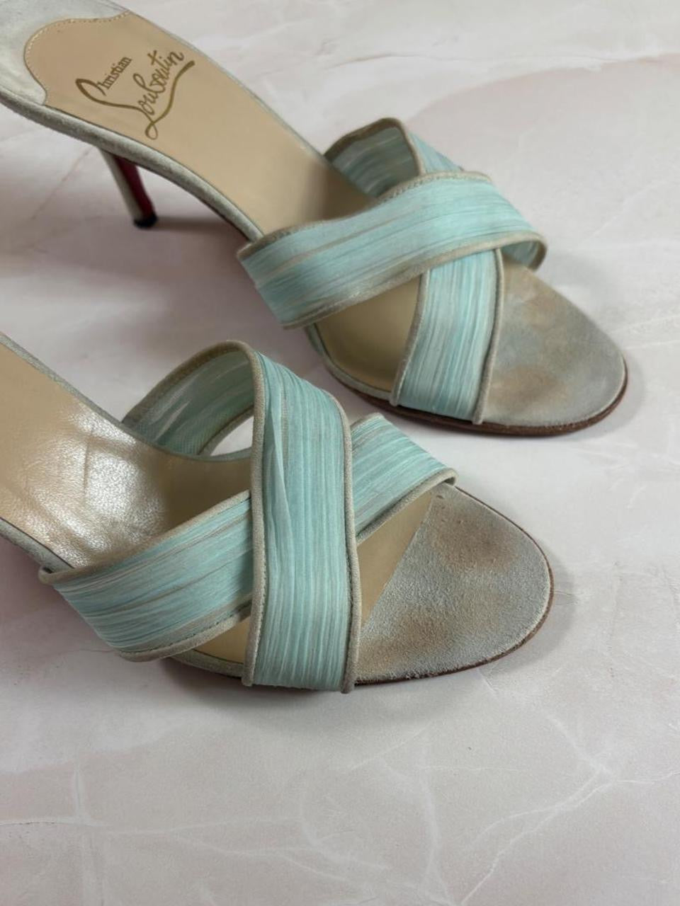EU 36.5 Louboutin Light Blue Pleated Crisscross Mule Sandal