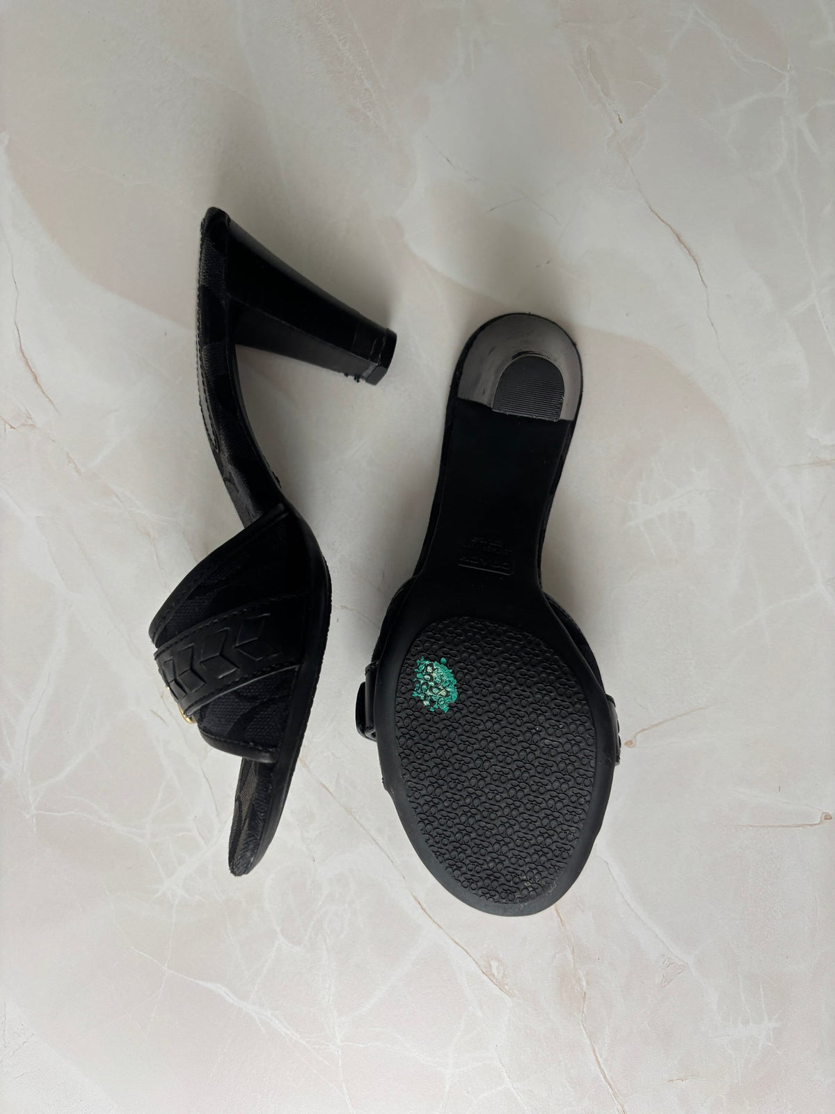 Coach US 6 Black Monogram Canvas Open-toe Block Heel Mule