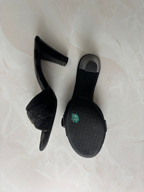 Coach US 6 Black Monogram Canvas Open-toe Block Heel Mule