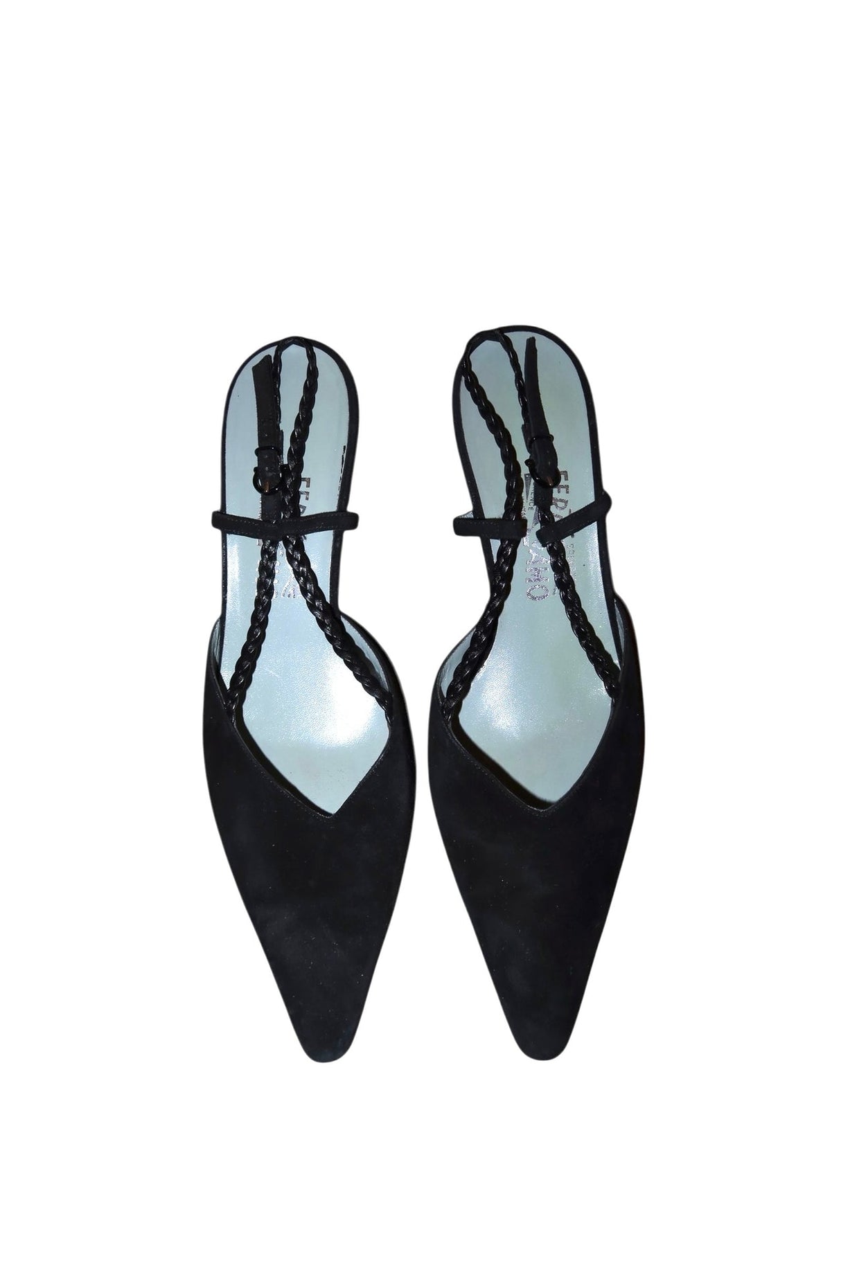 Salvatore Ferragamo black suede heels with braided slingback detail (10)