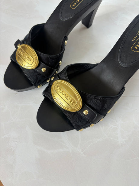 Coach US 8 Black Fabric and Leather Block Heel Mule