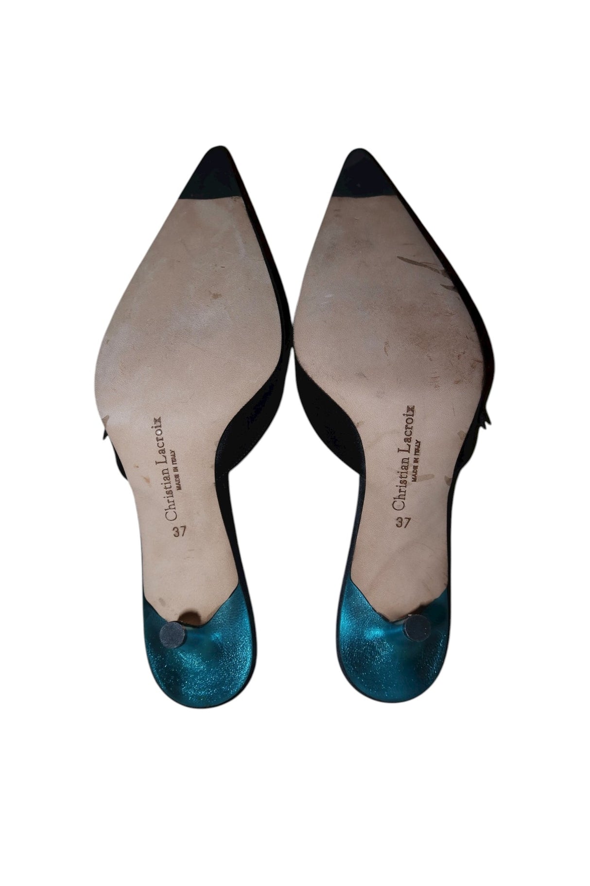 Christian Lacroix black satin heels with bow and blue rhinestone (37)