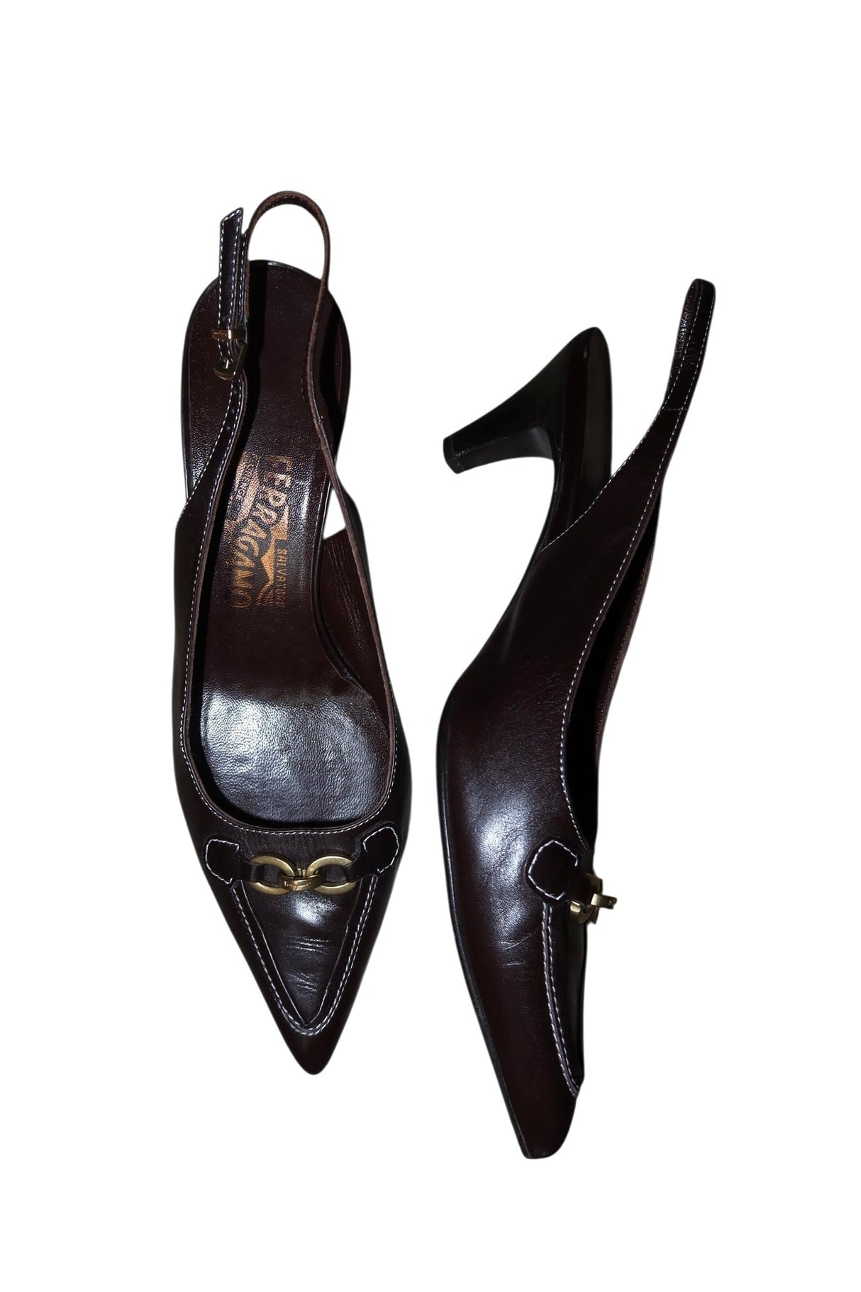 Salvatore Ferragamo brown slingback heels with gold accents (8.5B)