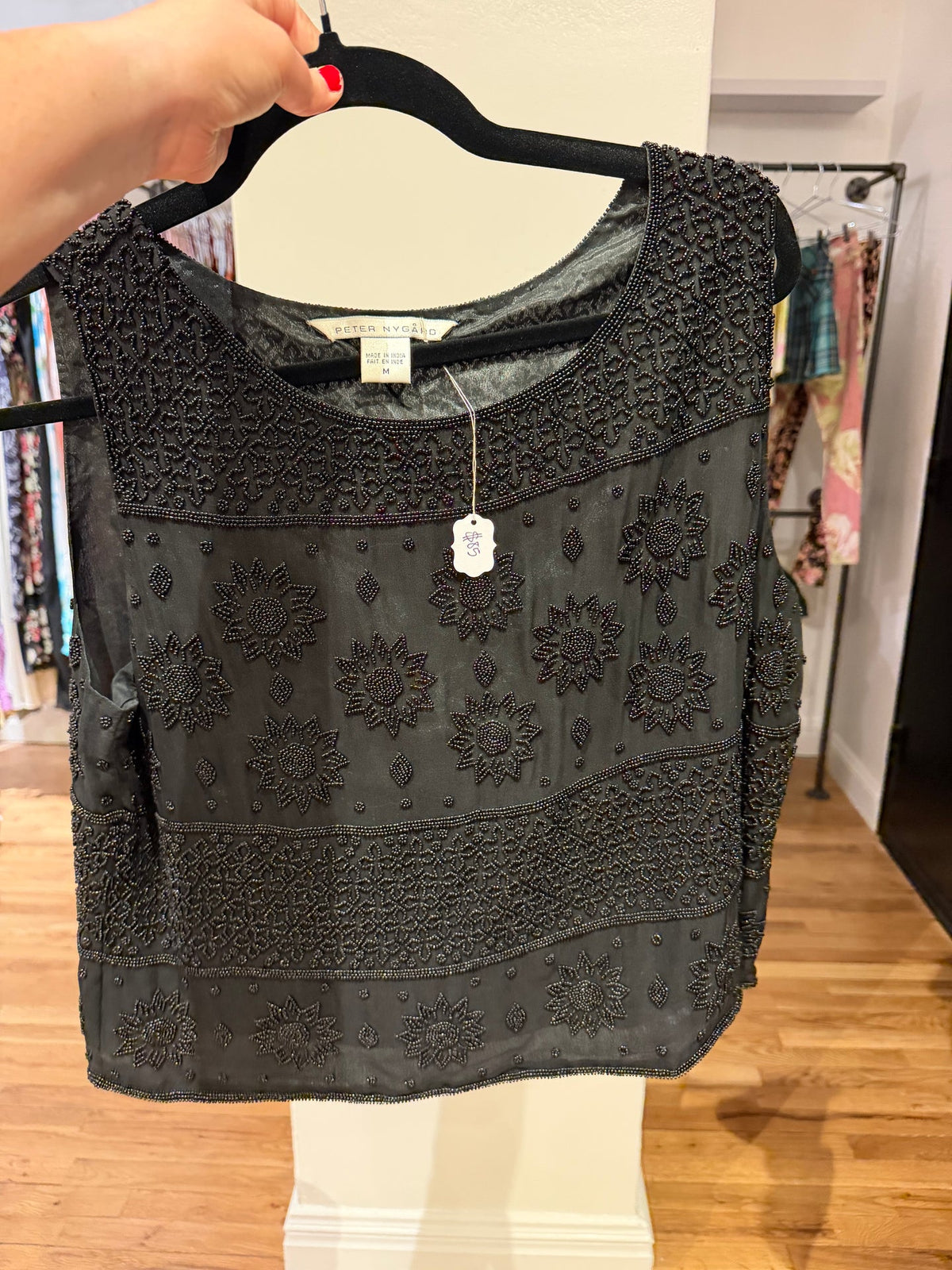 100% silk black tank top with hand beaded details - sku tuv #191