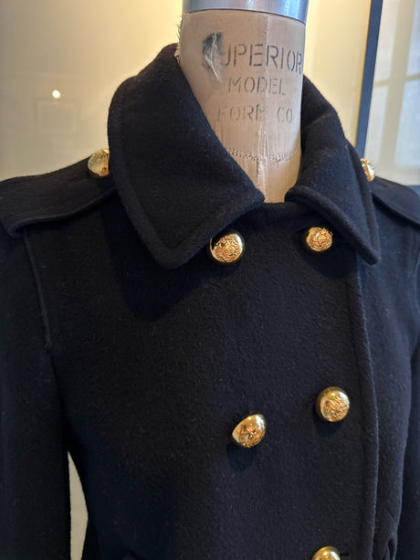 Moschino Black Wool Taffeta Ruffle Pea Coat