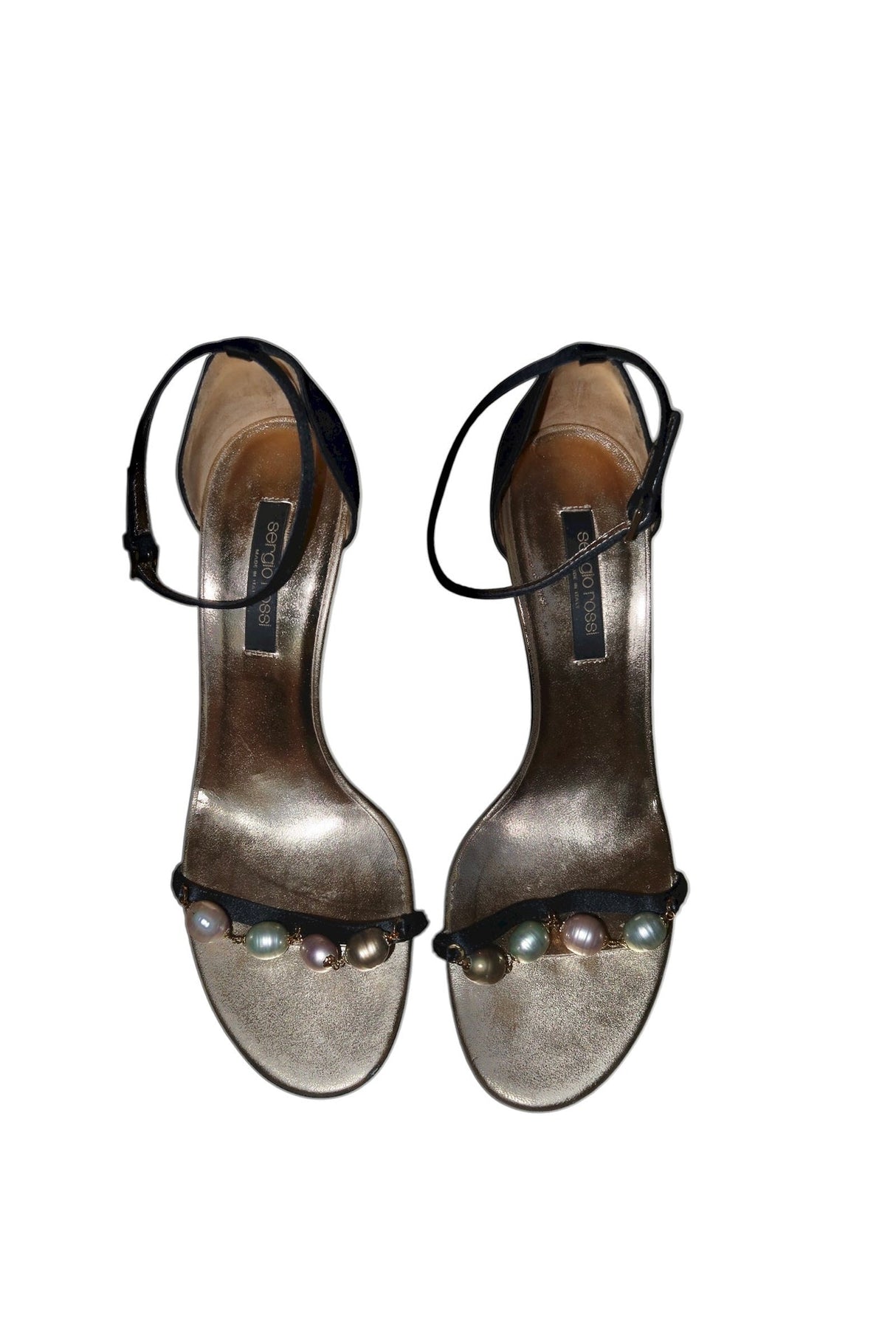 Sergio Rossi black satin heels with multicolor pearls (38)