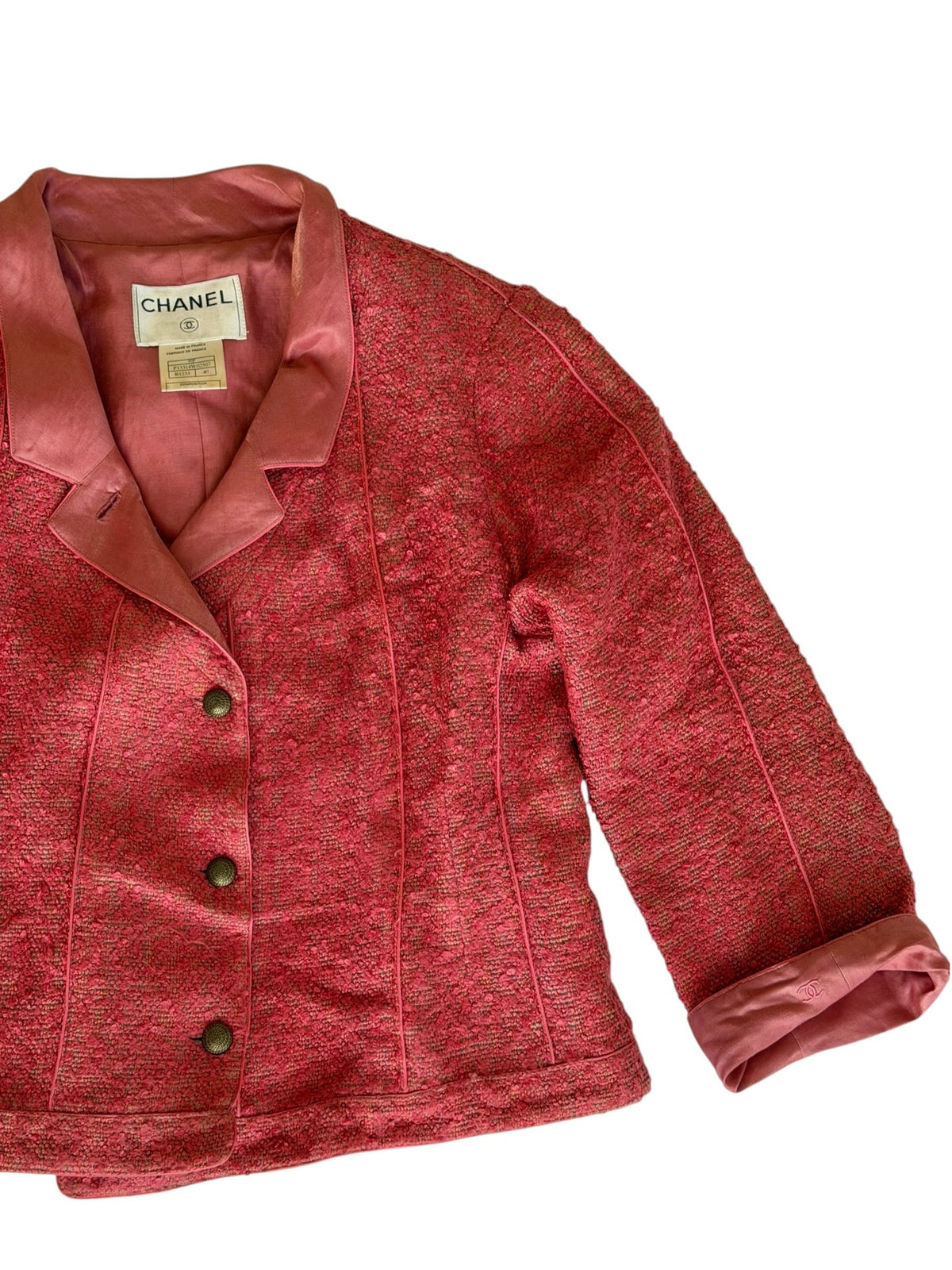 Chanel 1999 pink tweed jacket with iridescent satin neck (40)