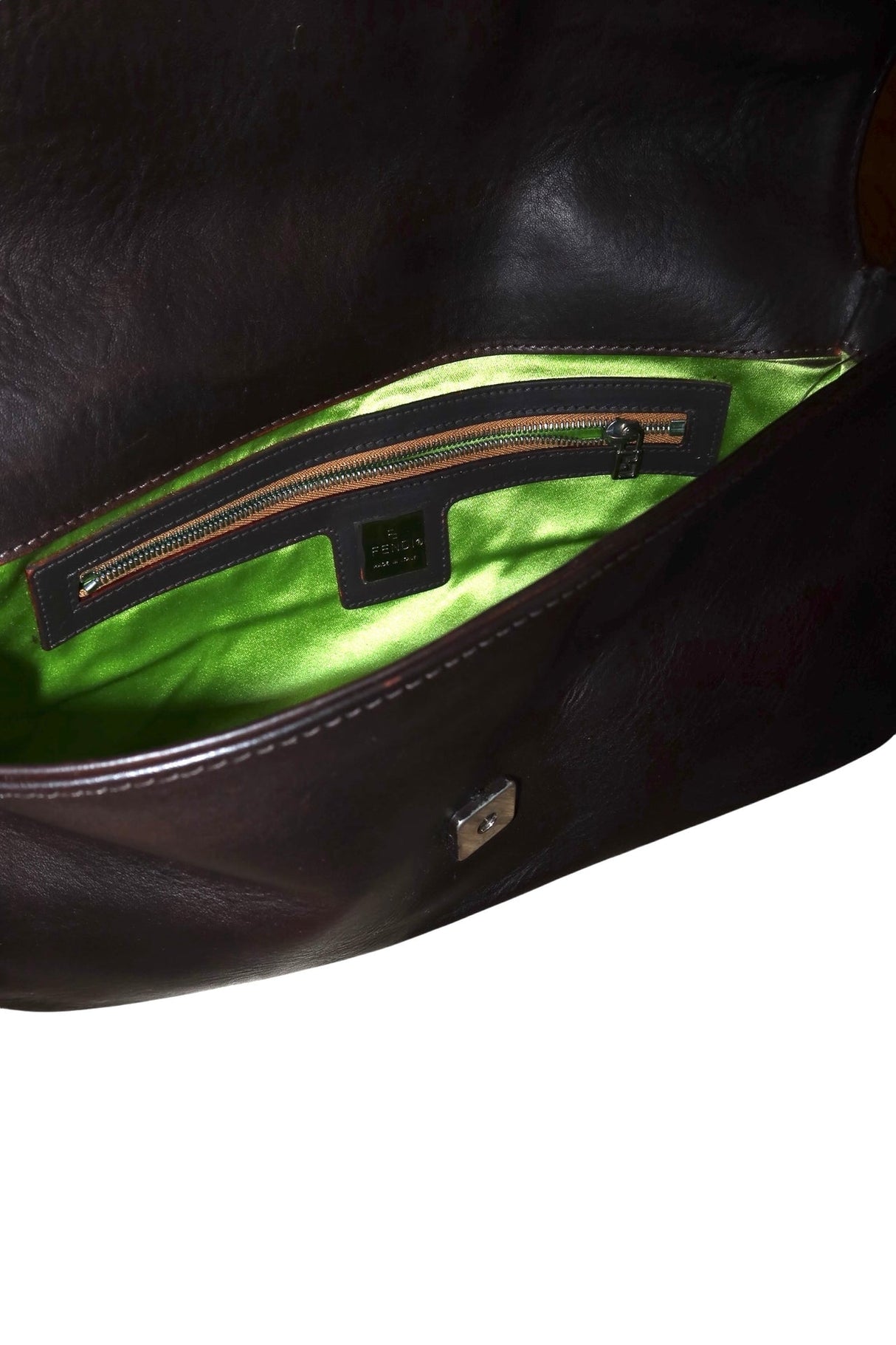 Fendi dark brown baguette bag with green stone logo