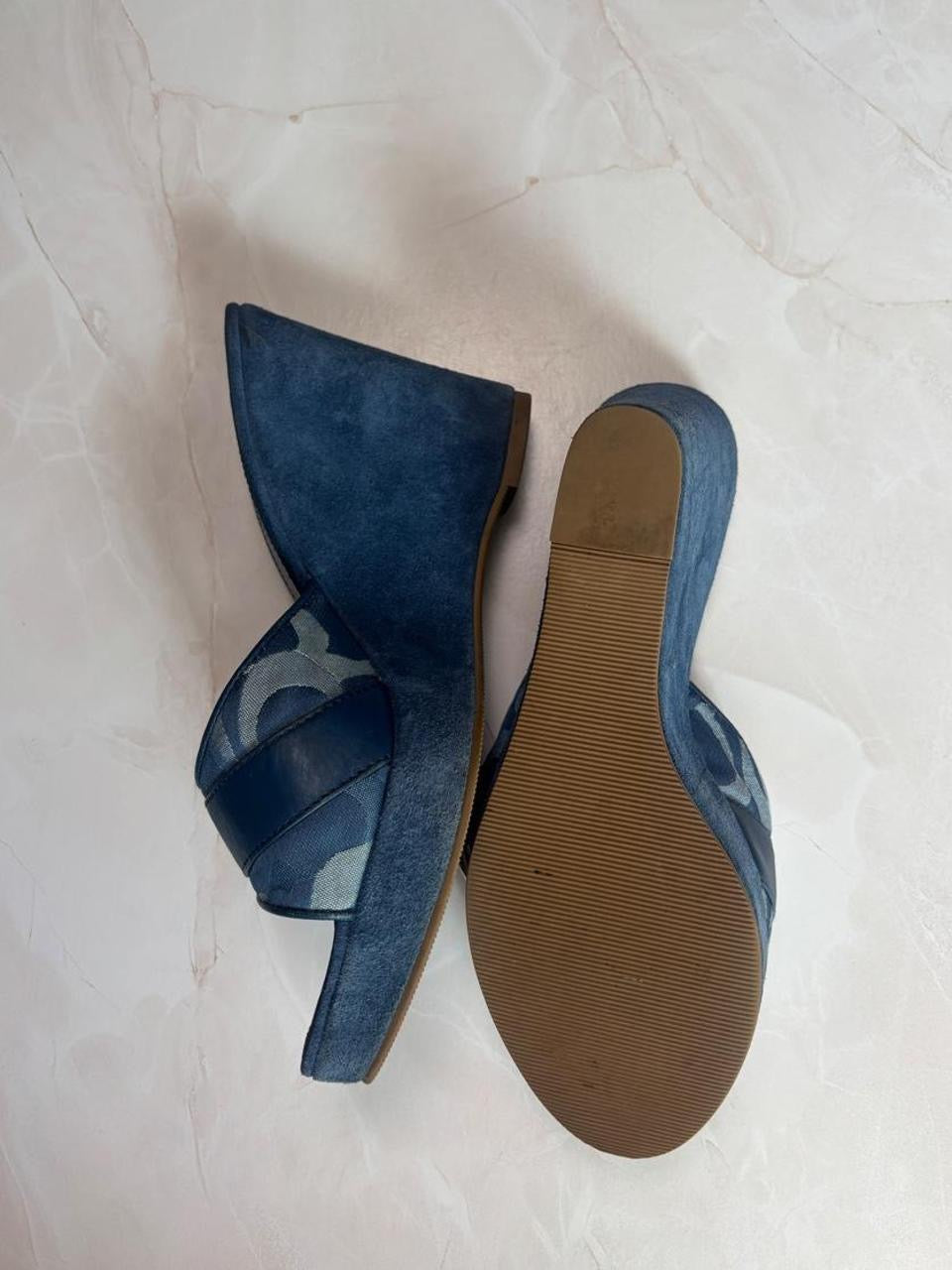 Coach US 6.5 Blue Monogram Canvas Wedge Slide Sandal