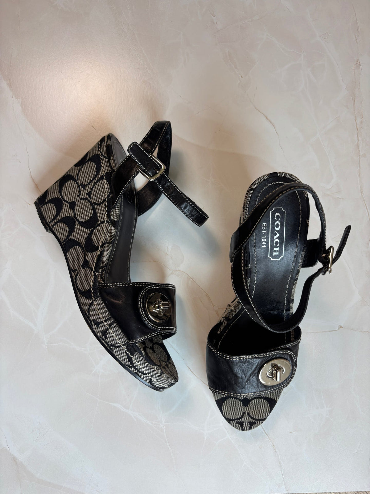Coach US 9.5 Signature Canvas Wedge Sandal with Ankle Strap