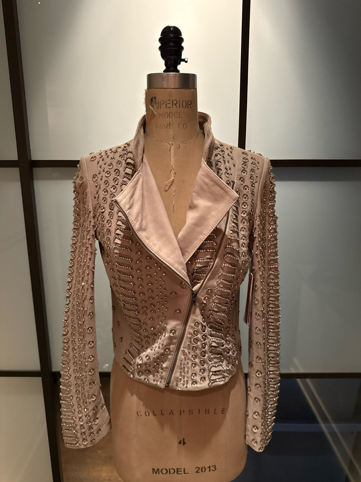 Alice & Olivia Taupe Leather Peaded Biker Moto Jacket NWT