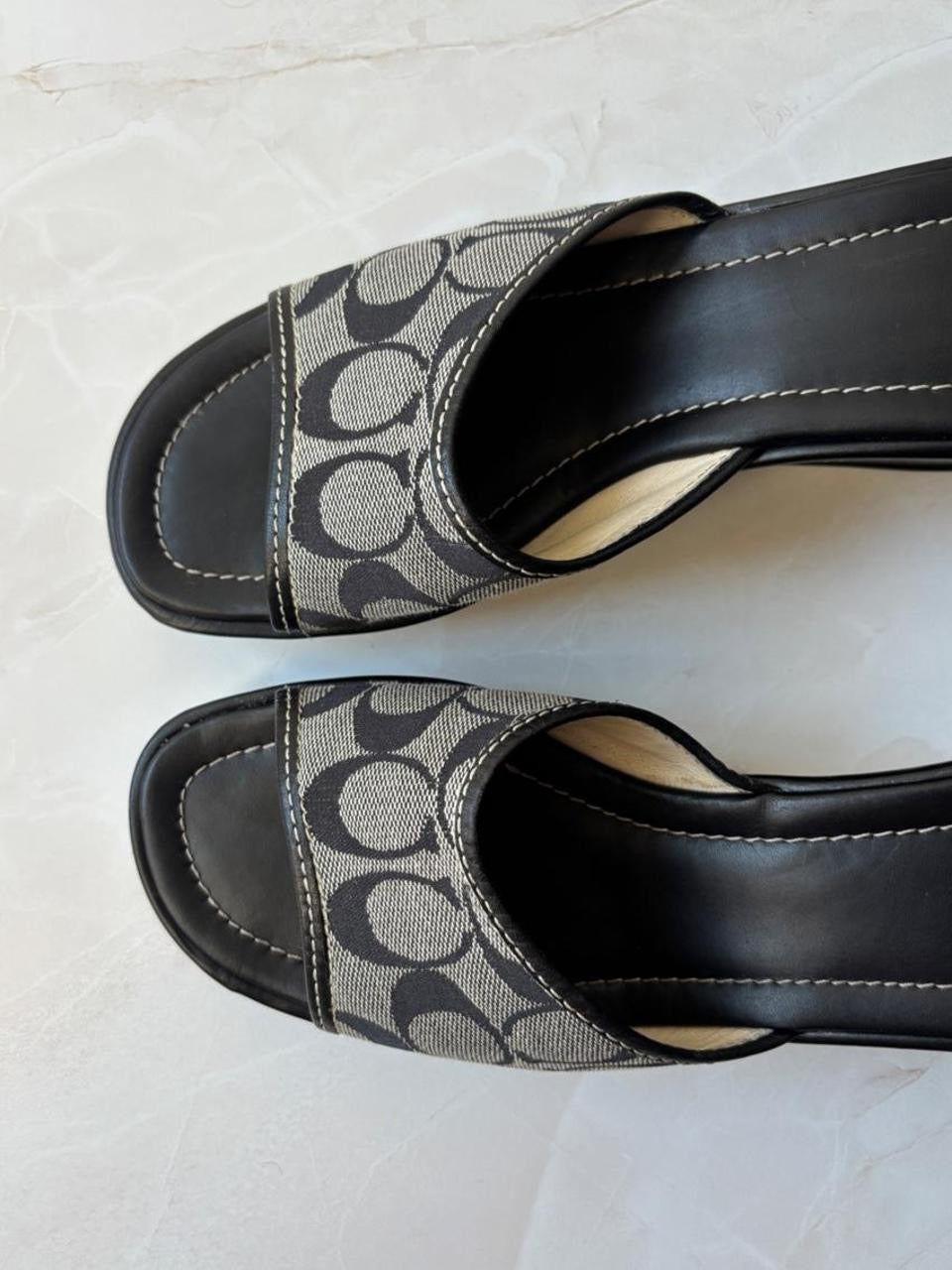 Coach US 10 Black Grey Monogram Canvas Wedge Slide Sandal