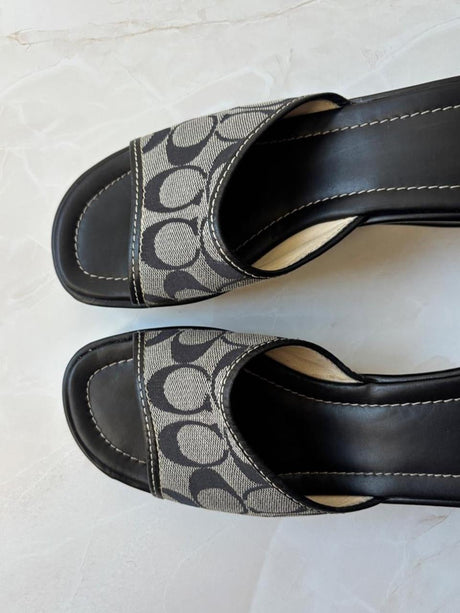 Coach US 10 Black Grey Monogram Canvas Wedge Slide Sandal