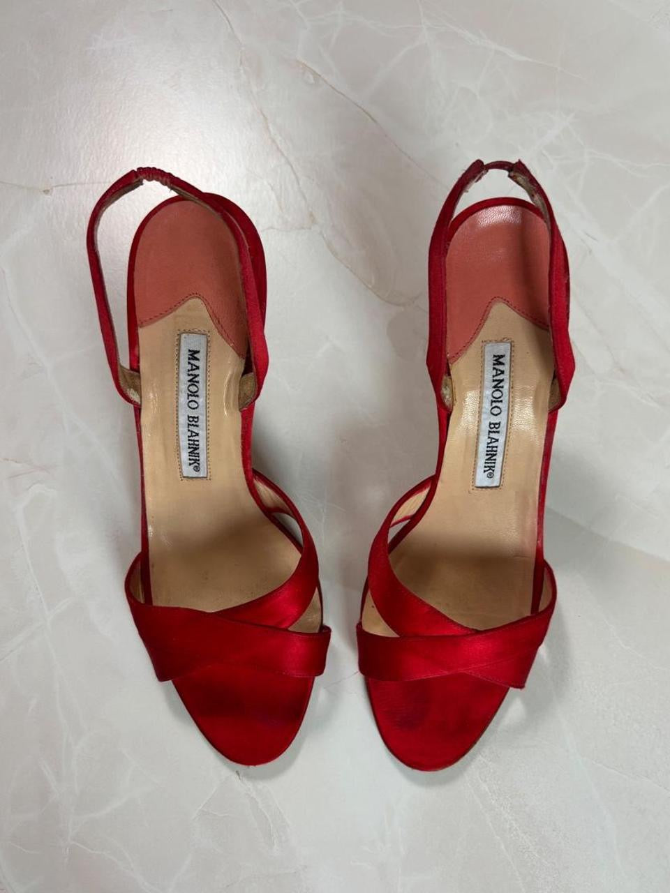 Manolo Blahnik EU 37 Cherry Red Satin Crisscross Sandal