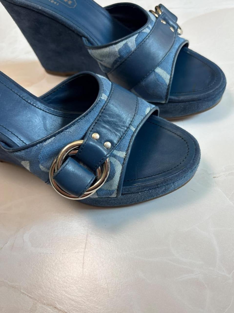 Coach US 6.5 Blue Monogram Canvas Wedge Slide Sandal