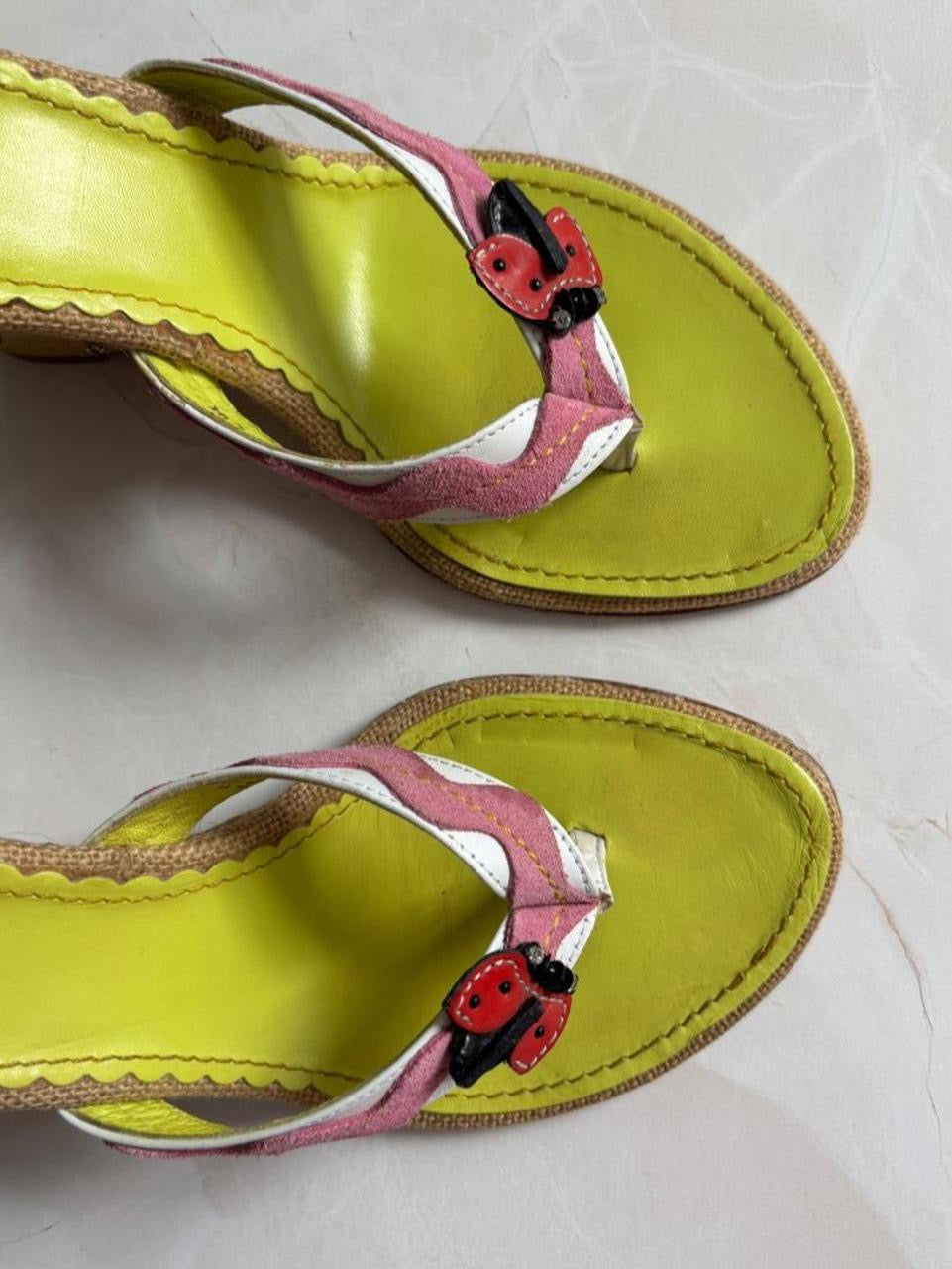 Coach US 8.5 Rare Raffia Ladybug Wedge Sandal