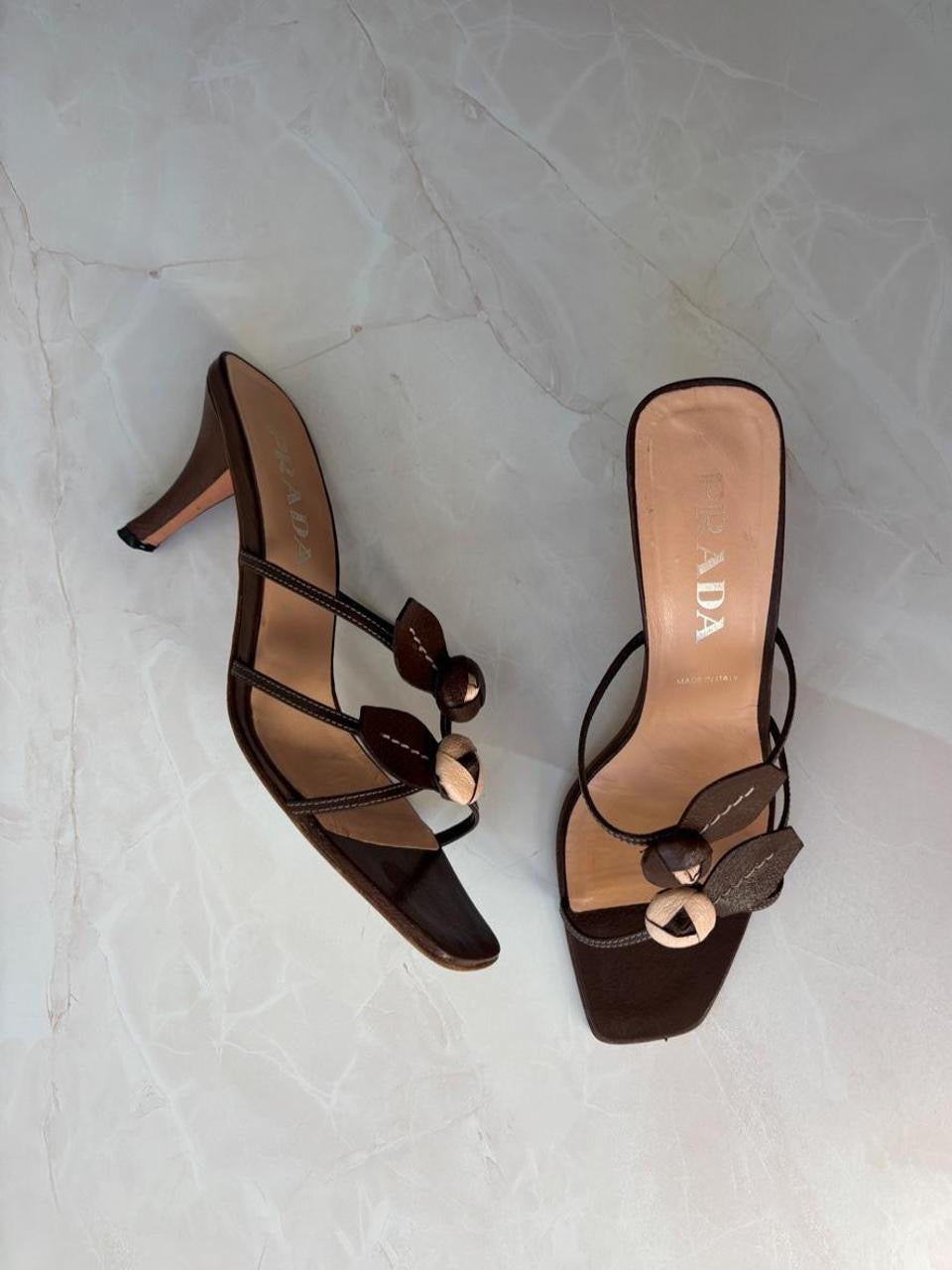 Prada EU 38.5 Chocolate Brown Leather Flower Kitten Heel Mule